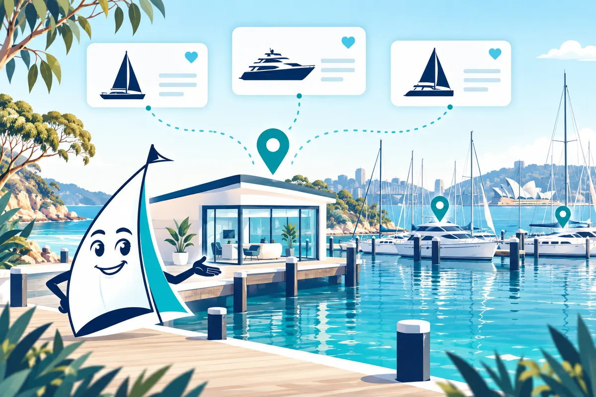 Sail mascot introducing a conceptual marina brokerage directory with location pins.