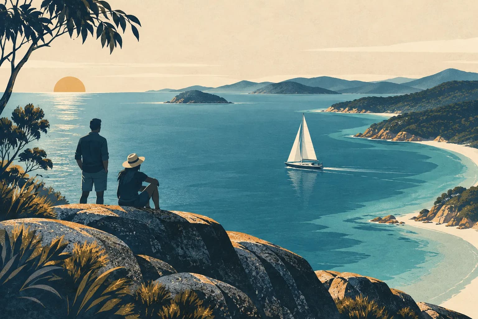 Editorial illustration of two people dreaming of a life aboard