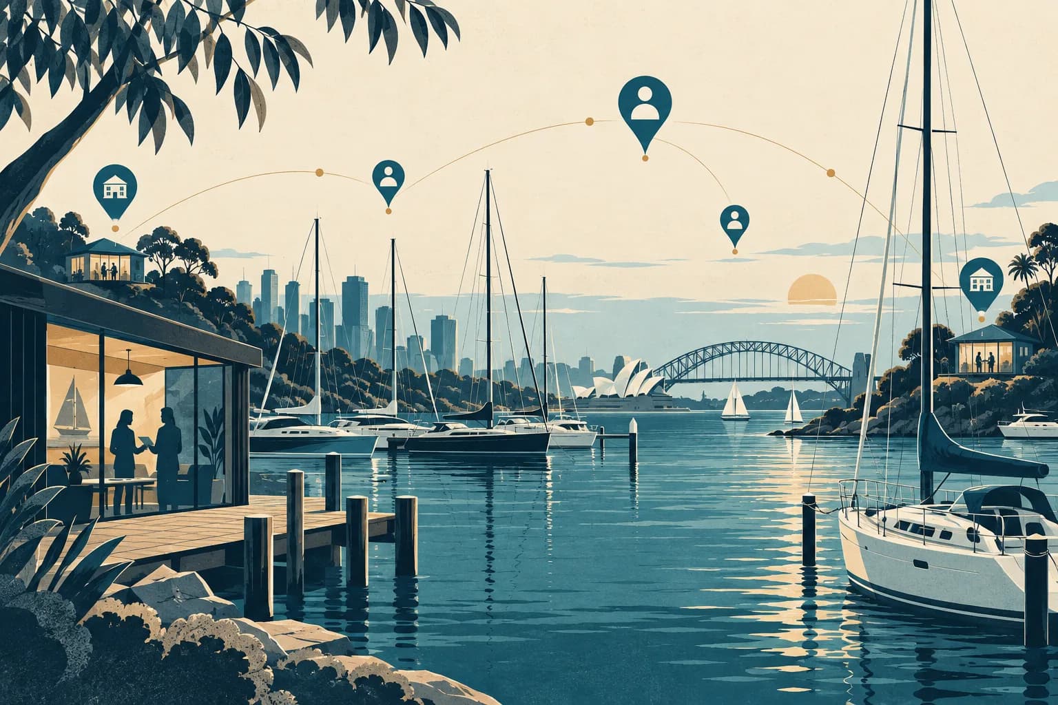 Editorial illustration of a connected yacht brokerage community