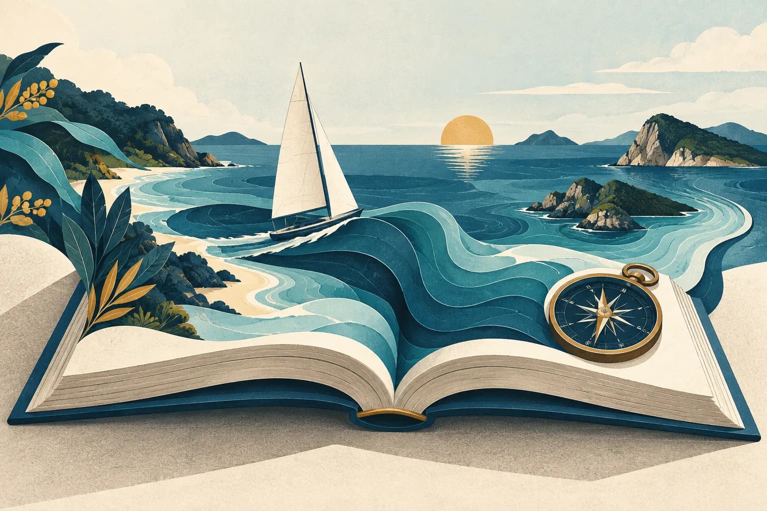 Editorial illustration of a sailing handbook and compass