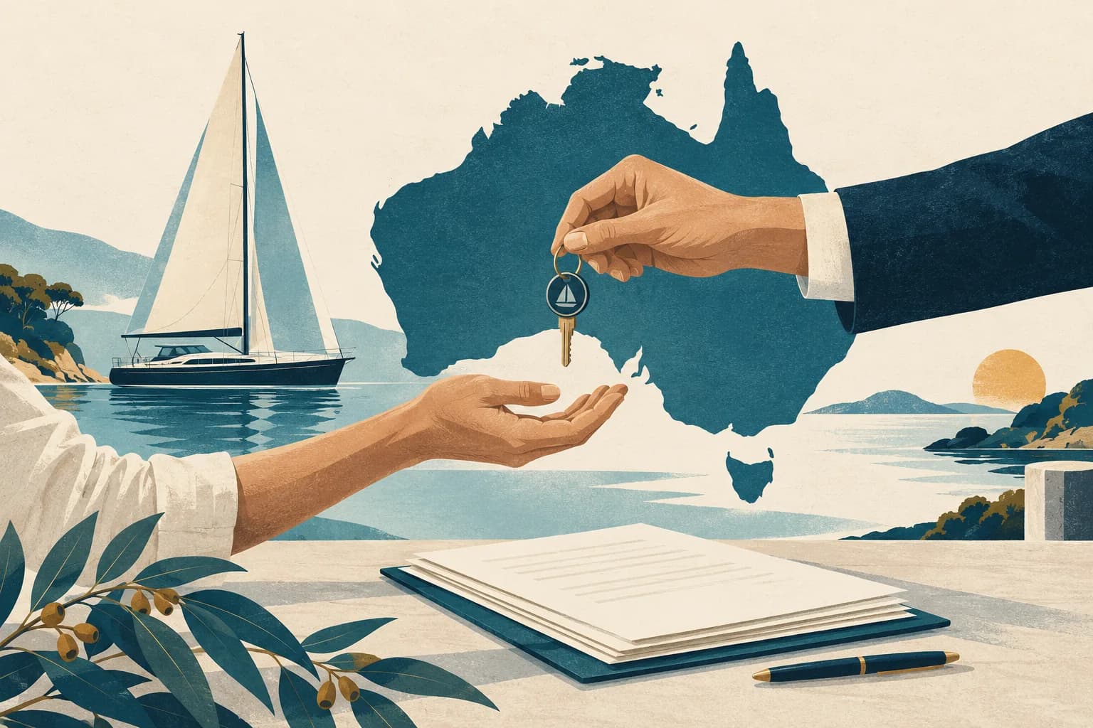 Editorial illustration of Australian boat ownership paperwork