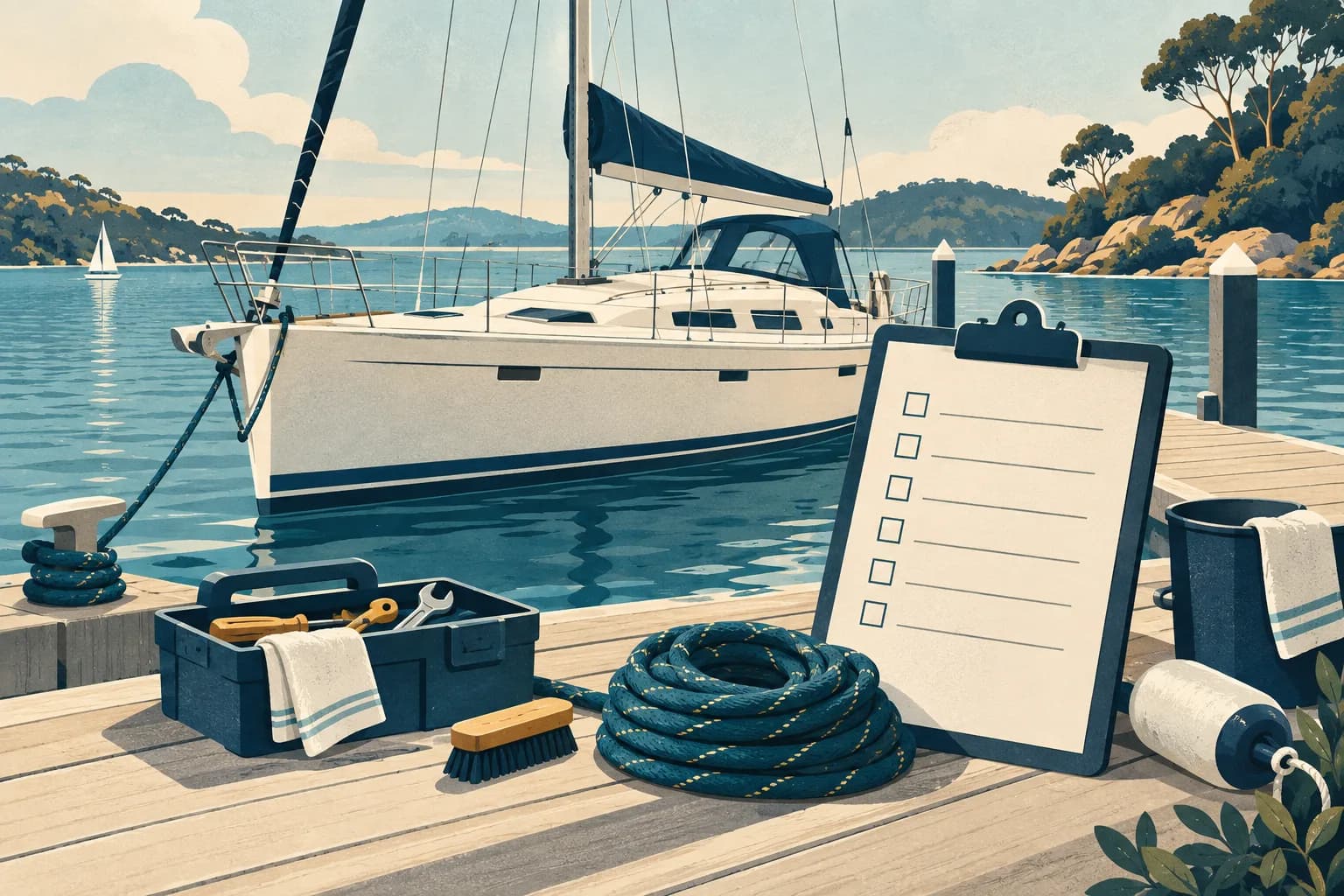 Editorial illustration of a yacht, checklist and preparation tools