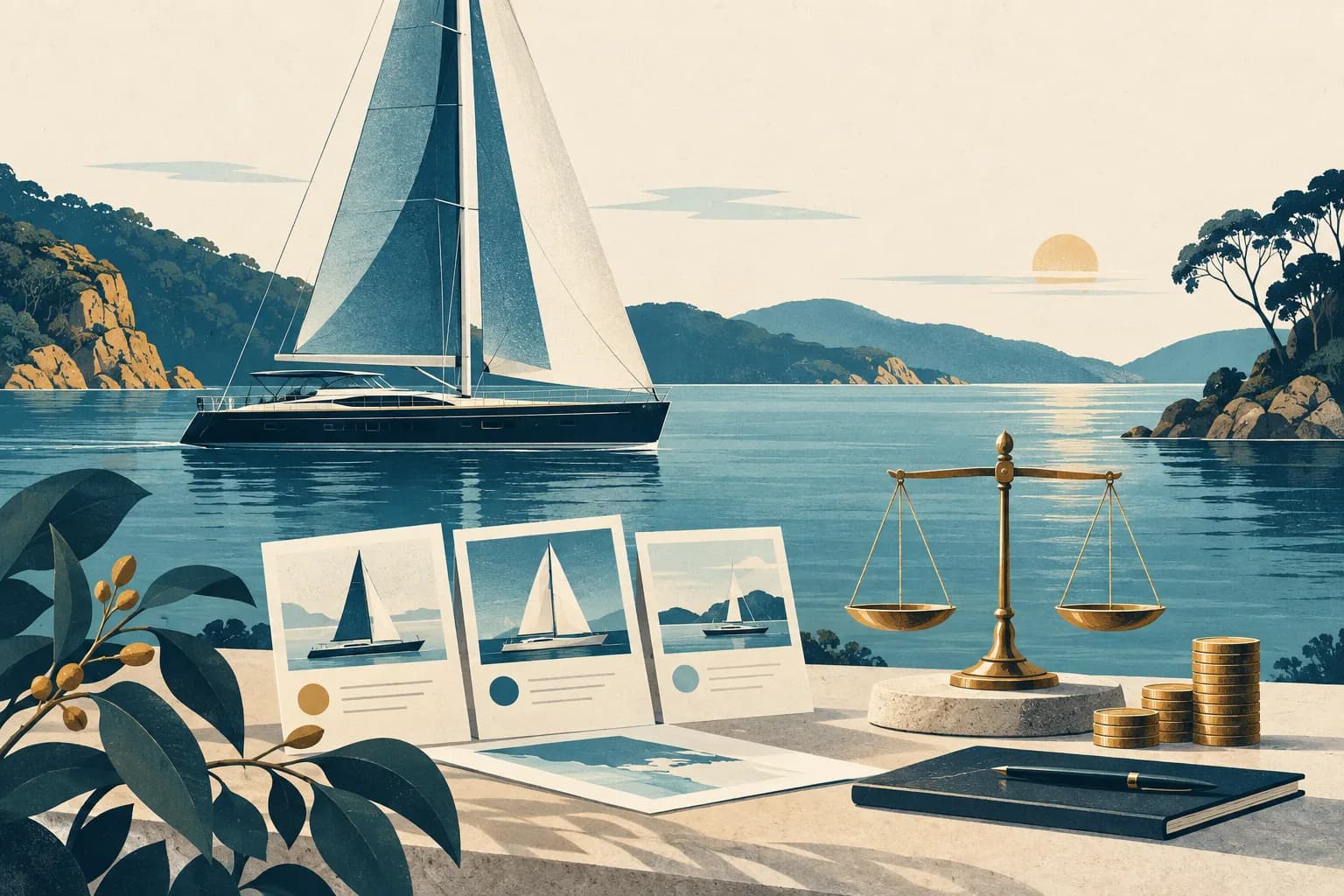 Editorial illustration of yacht appraisal and comparable values